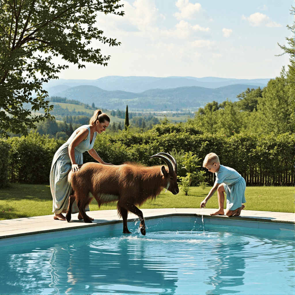 Illustration pour Table Bleue d'un chamois se baignant dans une piscine dans le canton de Genève.