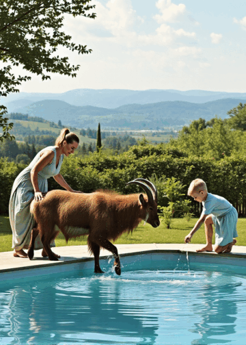 Illustration pour Table Bleue d'un chamois se baignant dans une piscine dans le canton de Genève.